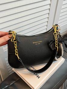 1pc Women's Solid Color PU Shoulder Bag, Versatile Underarm Bag For Work Commute, Adjustable Strap Crossbody Bag, Comes With Elegant Bow Decor - Black - View 5