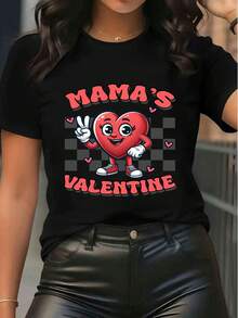 Valentinstag Grafik T-Shirt Damen "Mama's Valentine" Cartoon Herz Muster T-Shirt Lässig Kurzarm Rundhals Top für Feiertagsparty Geschenk - Schwarz - Übersicht 6