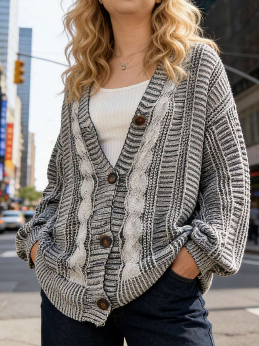 成熟优雅的欧式时尚拼色宽松大码女式开衫，百搭长袖针织毛衣