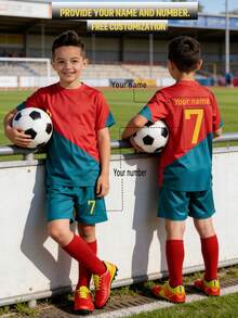 2pcs Customized Name Kids Football Jersey Set - Crew Neck Short Sleeve Shirt And Shorts, Quick Dry Breathable Polyester Soccer Training Gear - Red - View 3