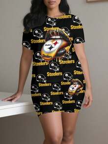 90s Retro Pittsburgh Steelers Plus Size Women's Short-Sleeve Shorts And Leggings Set; 90s Retro Pittsburgh Steelers Plus Size Women's T-Shirt And Leggings Sportswear 9_9_bg8_t1 - 彩色 - 查看 1
