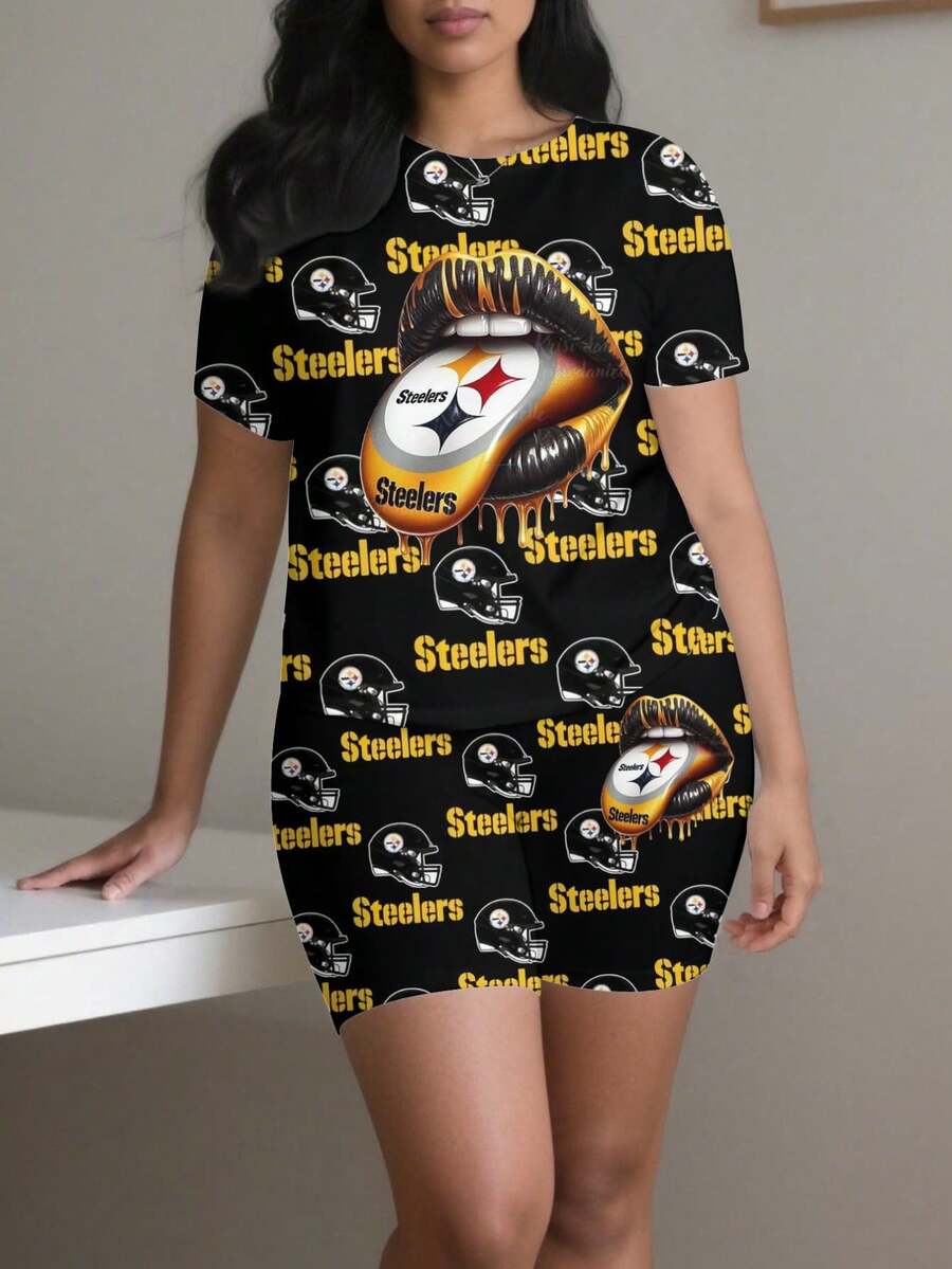 90s Retro Pittsburgh Steelers Plus Size Women's Short-Sleeve Shorts And Leggings Set; 90s Retro Pittsburgh Steelers Plus Size Women's T-Shirt And Leggings Sportswear 9_9_bg8_t1 - 彩色 - 查看 1
