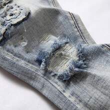 Vaqueros ajustados para hombres con letras bordadas y pantalones ajustados de patchwork, denim desgastado de alta calle para todas las estaciones - Lavado ligero - Ver 6