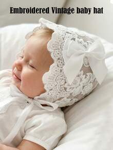 1pc Vintage Palace Style Embroidered Baby Hat, 0-3M, 3-10M (Beige/White) - 1PC - View 10
