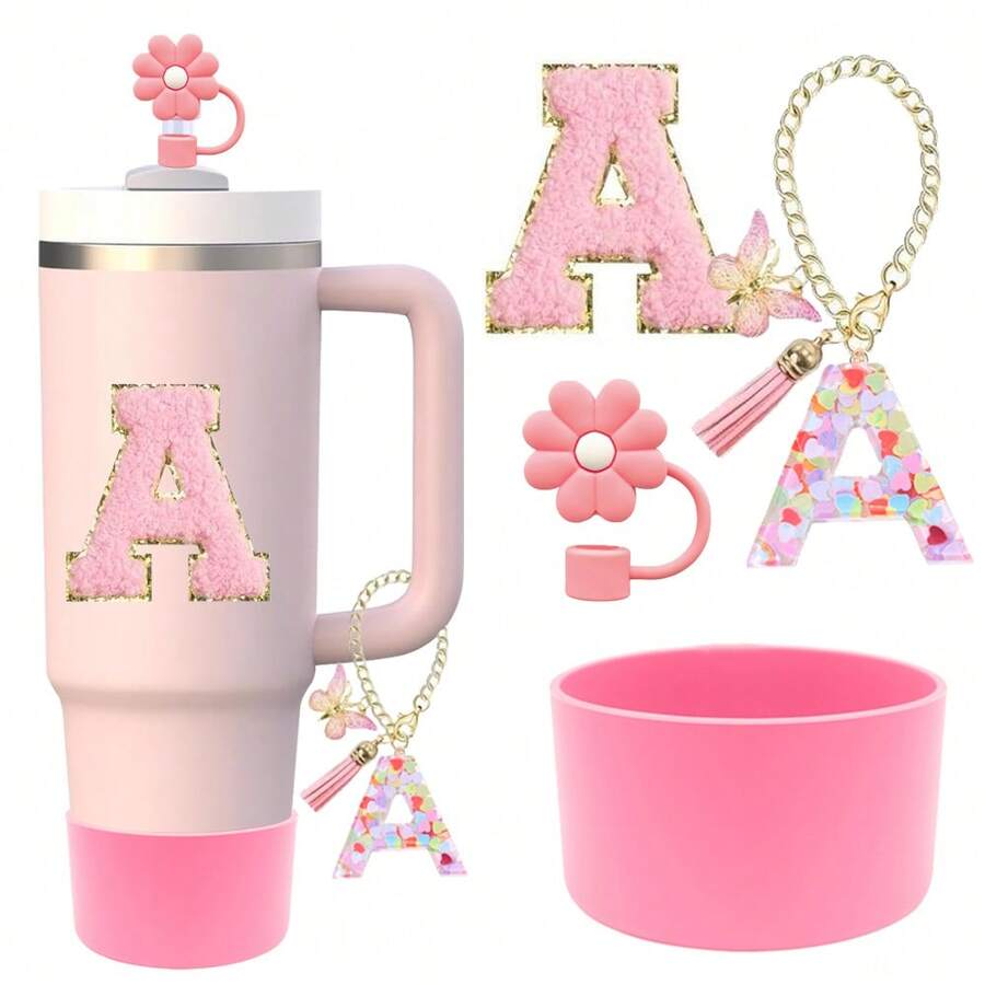 4件套斯坦利杯配件套装（30-40盎司） - 配件套装包含：1个吸管帽、1个字母吊坠、1个水杯硅胶保护底座、1个水杯字母贴纸，适用于30-40盎司硅胶水杯，运动水壶配件套装，节日惊喜礼物，DIY创意装饰，感恩节装饰。 - 淺粉色 - 查看 1