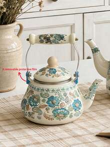 1 buc. Fierbător emailat vintage cu motive florale și mâner ceramic, multifuncțional pentru fierberea apei, cafelei, laptelui, ceaiului pe aragaz, ceai de după-amiază la birou, picnic și camping în aer liber, cadou excelent - Flori albastre - Vizualizare 14