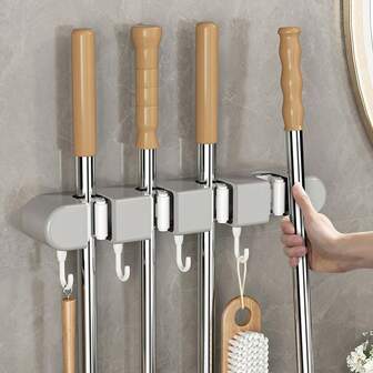 1pc 4-Slot Heavy Duty Wall Mounted Mop & Broom Holder, Suitable For Bathroom, Garden And Garage, No Drilling Required, Easy To Install, Convenient Storage