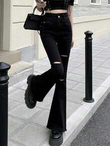Celana Jeans Wanita Model Slim Fit Pinggang Tinggi dengan Potongan Lebar dan Kantong, Kasual, Warna Hitam, Cocok untuk Musim Semi dan Gugur. - Hitam - View 8