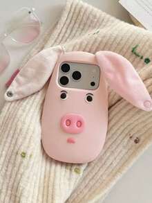 新款时尚独特创意卡通可爱毛绒猪头手机壳，兼容 13/14/15/16/17 Pro/Pro Max，创意全包防震保护套 - 粉色 - 查看 2