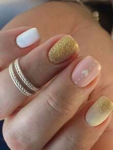 24pcs/Set Medium Square Shiny Colored French Manicure Nail Stickers, Containing Glter, Full Coverage Acrylic False Nails, Inclus 1pc Jelly Gel And 1pc Nail File, Suable For Women And S For Daily Work, Study And Garings - 多色 6 - 查看 1