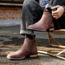 Men's Classic High-Top Riding Boots, Western Cowboy Style, Made Of Microfiber Leather With Rubber Soles, Comfortable And Durable, Featuring A Simple Embossed Design. Fashionable And , These Retro Pointed-Toe Wedge Cowboy Boots Are Also Easy To Put On And Take Off. - Brown - View 2