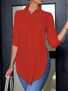 Women's Asymmetrical Hem Shirt - Minimalist Long Sleeve Blouse For All Seasons, Fashion Forward Basic Top, Versatile Staple Piece - Đỏ - Xem 7