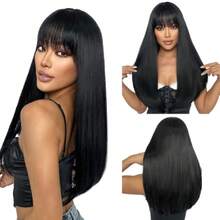 Long Straight Black Wig With Bangs Natural Black Hair Wigs For Women Synthetic Heat Resistant Wigs  Daily Party Use 22 Inch,38045212 - 黑色 - 查看 2