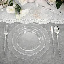 150PCS Clear Silver Plastic Plates & Disposable Silver Plastic Silverware With Glitter Bamboo Handle Cutlery-Baroque Clear Disposable Plates For Wedding & Easter Day & Mother's Day-TrugenixYSN1B - 銀色 - 查看 5