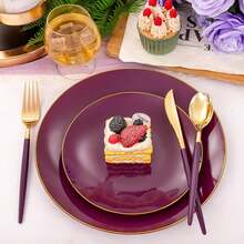 150PCS Clear Silver Plastic Plates & Disposable Silver Plastic Silverware With Glitter Bamboo Handle Cutlery-Baroque Clear Disposable Plates For Wedding & Easter Day & Mother's Day-TrugenixYSN1B - 紫色 - 查看 6