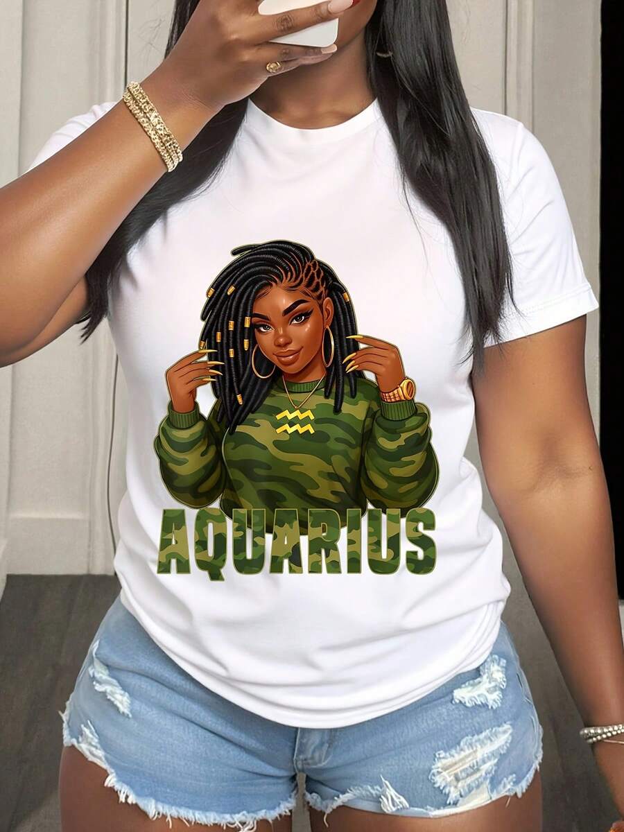 Aquarius Zodiac Sign Woman Graphic Shirt Featuring Black Hair And Camouflage Design Perfect For Astrology Lovers And Star Signs Enthusiasts Wearable Art For Everyday Style And Special Occasions - 白色1 - 查看 1
