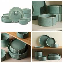 Bao 12-Piece Dinnerware Set Stoneware, Green - Green - View 2