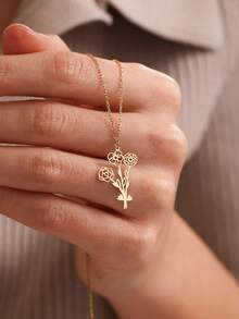 1PC [Customized] Personalized Family Birth Flower Necklace, Multiple Birth Bouquet Necklace, High Quality Stainless Steel Necklace With Customized 2-4 Birthday Flowers, Popular Jewelry, Personalized Gifts, Birth Flower Family Gifts, Valentine's Day Gifts, Personalized Gifts - Multicolor - View 4