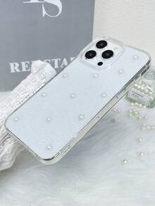 Ốp lưng điện thoại trong suốt có nhũ lỏng, tương thích với iPhone 17 Pro Max, 15, 13 - Thiết kế trái tim bạc và ngọc trai giả - Trong sáng - Xem 5