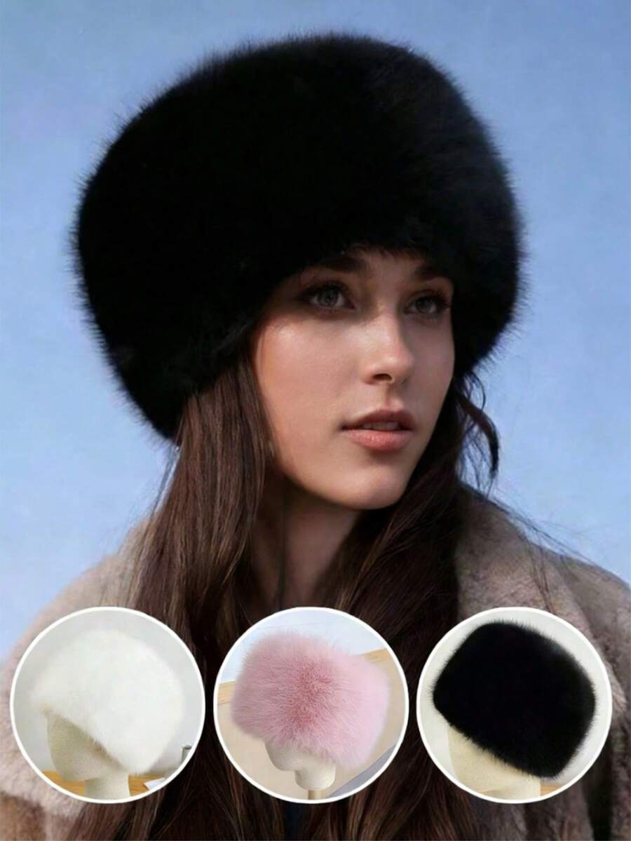 1 pieza Sombrero de cubo grueso y cálido de unicolor con protección para las orejas para mujer, estilo Y2K, para uso diario - multicolor - Ver 1