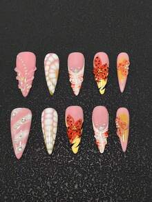 10-Piece Pure Hand-Made Nail Pressed Nails 33mm Thin High Heels Long Nails Multi-Color With French Fading Technology Three-Dimensional Modeling Glue Carving Technology Fashion Versatile Suitable For Women To Wear Three Sizes To Choose From Suitable For A Variety Of Occasions Party Dance And Daily Wear Nail Supplies - Multicolor - View 2