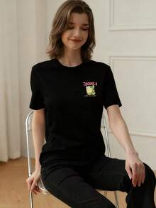 女士夏季新款简约标语印花休闲度假宽松圆领短袖T恤，时尚日常上衣，适合日常和度假穿着。女士T恤上衣。 - 黑色 - 查看 5