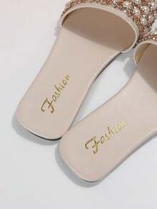 Sandalias planas con aplicaciones de rhinestones para mujer de talla grande, versátiles y casuales para uso en exteriores con suela antideslizante - Blanco - Ver 8