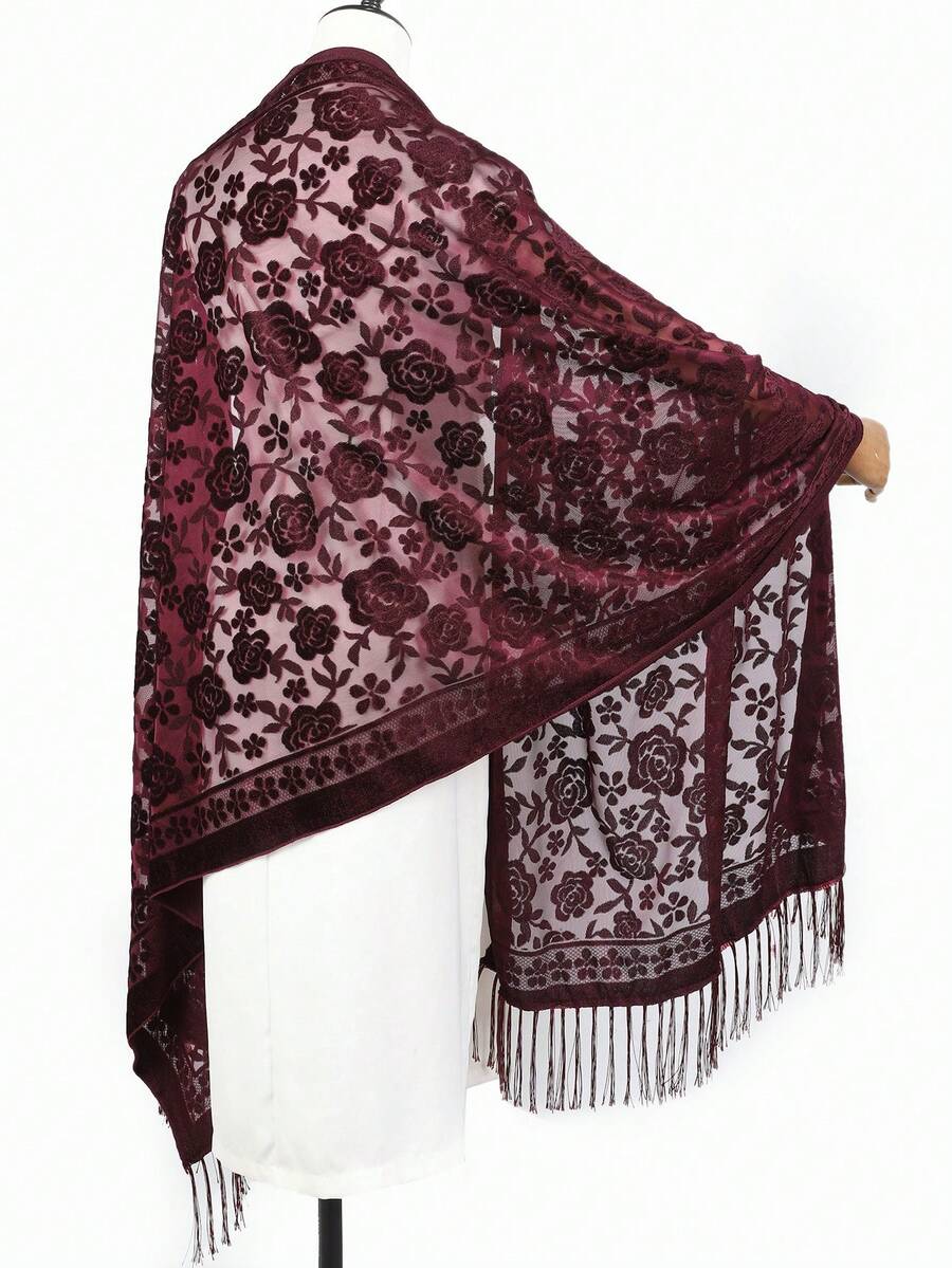 1pc Women's Jacquard Rose Velvet Fringed Scarf, Fashionable And Elegant Women's Scarf, Multi-Functional And Versatile For Dancing, Evening Parties, And Festivals As A Shawl, High-End Exquisite Women's Scarf, A Choice For Family Festival Gifts - Small Red Roses - View 1