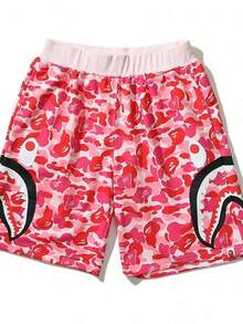 Y2K Camo Shark Mouth Graphic Oversized Sweat Shorts - Streetwear - DK2HY07O - View 1