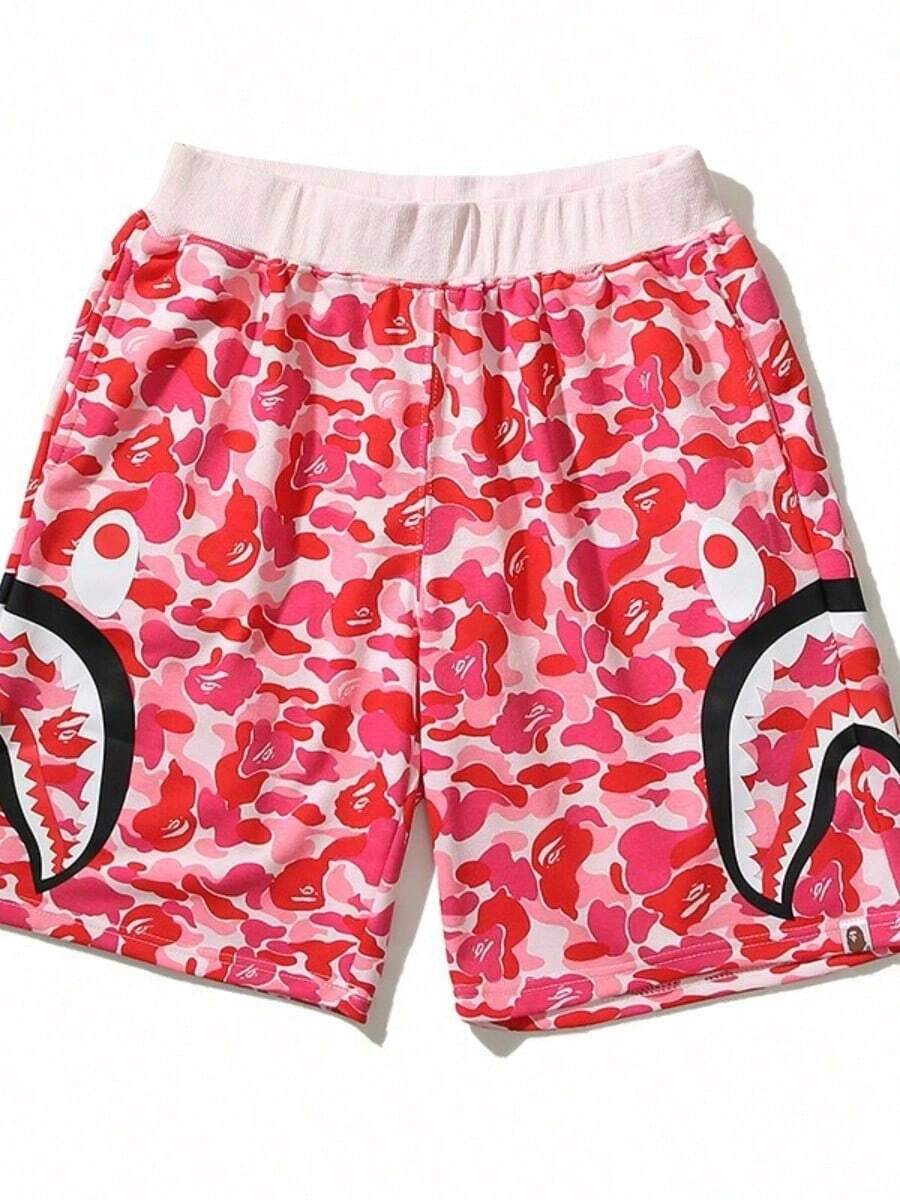 Y2K Camo Shark Mouth Graphic Oversized Sweat Shorts - Streetwear - DK2HY07O - View 1