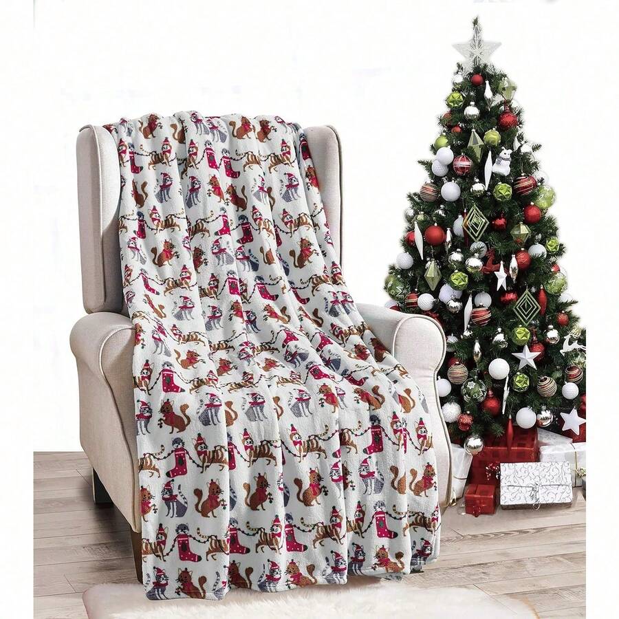 2026 Elegant Comfort Velvet Touch Ultra Plush Christmas Holiday Printed Fleece Throw/Blanket-50 X 60inch, (Reindeer), 50 X 60 Inch (W912) - Christmas Cat - 查看 1