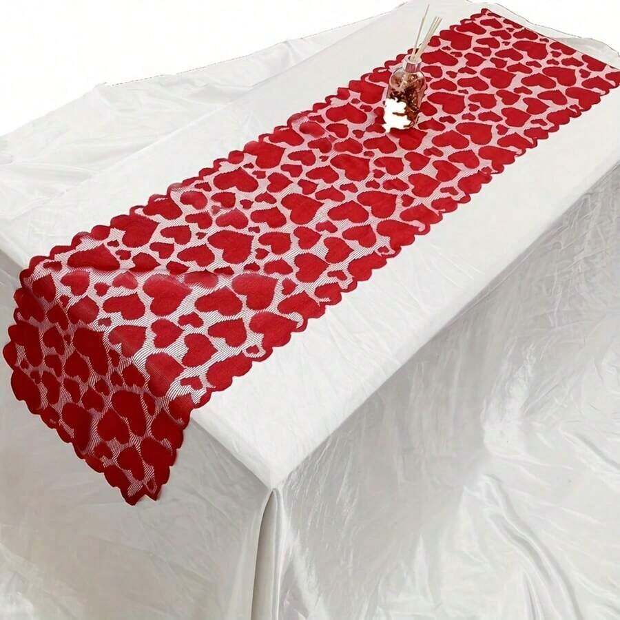 1 PC Valentine's Day Heart Table Runner, Red Heart Lace Table Runner, Family Dining Table Decoration, Valentine's Day Table Runner - Đỏ - Xem 1