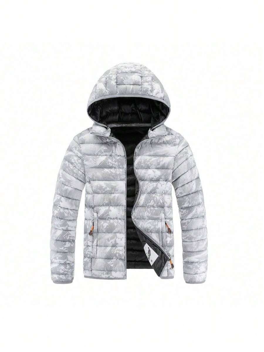 2025 Abrigo con Capucha para Hombre Otoño Invierno Chaqueta Acolchada con Diseño de Canalé y Cremallera Cálido Estampado de Montaña de Nieve Ropa Exterior para la Temporada Fría - Gris - Ver 1