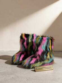 2025 Autumn And Winter Personalized Fashion Rainbow-Colored Furry Puffy Chunky-Heel Ankle Boots, Retro Y2K Style, Suitable For Party, Catwalk, Street Shooting, Music Festival And Halloween Carnival Outfits - Màu cầu vồng - Xem 1