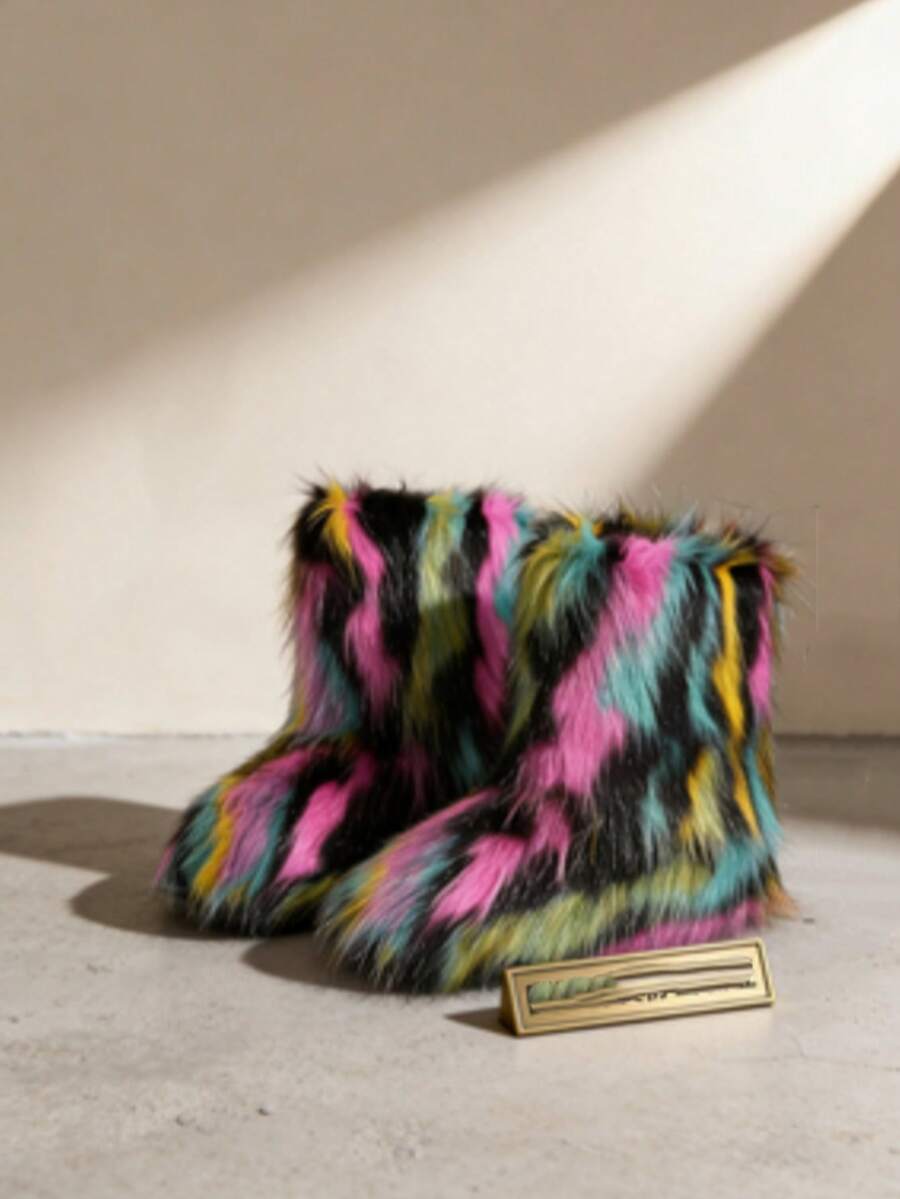 2025 Autumn And Winter Personalized Fashion Rainbow-Colored Furry Puffy Chunky-Heel Ankle Boots, Retro Y2K Style, Suitable For Party, Catwalk, Street Shooting, Music Festival And Halloween Carnival Outfits - Màu cầu vồng - Xem 1