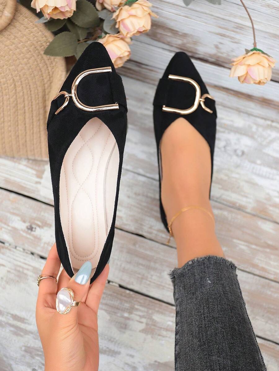 Women's Fashion Pointed Toe Slip-On Ballet Shoes, Large Size, Buckle Decor, Suitable For Spring And Autumn