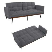 Mid-Century Modern Futon Sofa Bed In Linen Blend, 146 Cm Wide, 5-Position Adjustable Backrest And Fixed Armrests, Metal Legs, Grey - 灰色 - 查看 4