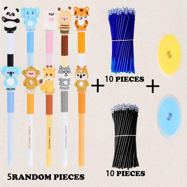 27pcs/Set (5pcs Erasable Pens + 20pcs Refills + 2pcs Erasers) Cute Animal Design Erasable Pens, Cartoon 3D Appearance, 0.5mm Rotatable Tip, Suitable For Back To School Gifts, Fun Twist Retractable Ballpoint Pens For Office And School
