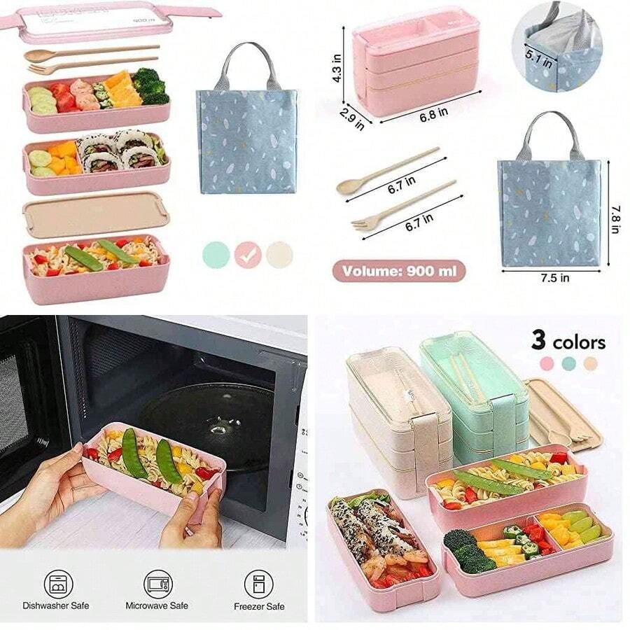 U Chef Lonchera tipo bento con 3 espacios de silicona para comida y almuerzo, Set de contenedores ecolgico para nios o adultos, Diseo elegante y compacto incluye bolsa porttil (Beige) - Beis - Ver 1