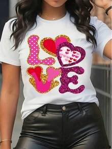 Koszulka damska z nadrukiem LOVE na Walentynki, luźna, biała, z nadrukiem w serduszka i kropkami z brokatem, z krótkim rękawem i okrągłym dekoltem - Biały - Zobacz 1