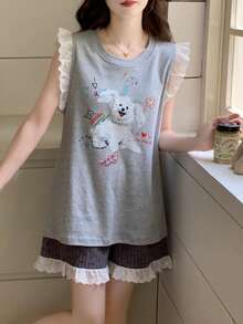 Bộ đồ ngủ nữ 2 món, áo in hình cún con dễ thương và chữ tiếng Anh, quần short in hình cún con khắp nơi, thích hợp cho mặc thường ngày mùa xuân/hè. - Màu Xám nhạt - Xem 3