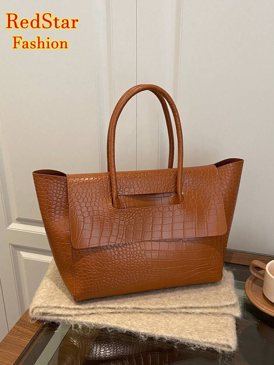 Bolso de mano de mujer de moda nuevo, de unicolor, con estampado de cocodrilo en PU, de alta gama, de gran capacidad, con doble asa superior, adecuado para uso diario, trabajo, viajes, compras, bolso tote multifuncional para damas