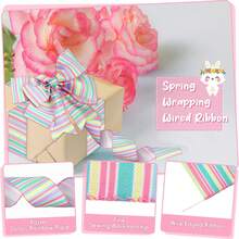 2 rollos de 10 yardas de cinta de 1.5 pulgadas con alambre, de estilo pastel de Pascua y primavera, cinta decorativa de rayas de lona rosa, adecuada para embalaje de fiestas de Navidad y manualidades - Colores mixtos - Ver 5