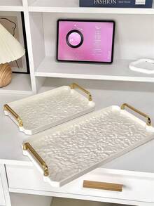 1pc New Design Acrylic Tray With Geometric Handle, Wavy Shape, Nordic Style Creative Serving Tray For Snacks, Cups, Cutlery - White - View 3