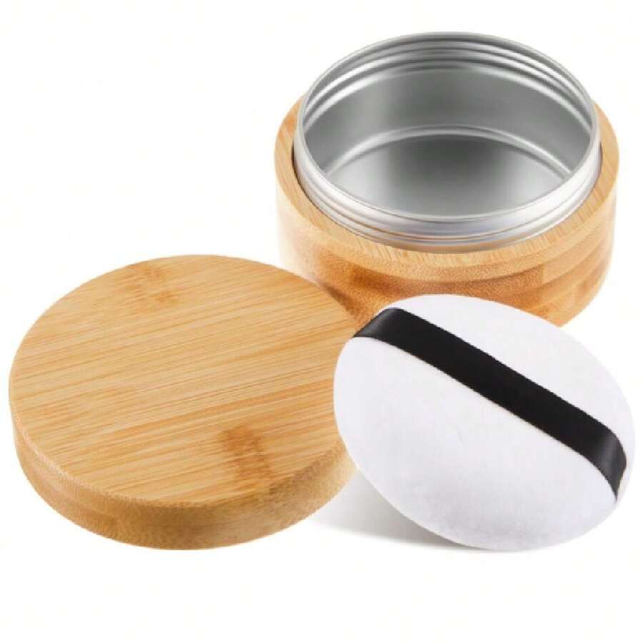 100 Ml Bamboo Loose Powder Puff And Container Empty Dusting Powder Jar For Body Face Travel Case Compact Case Holder With Sifter Lids And Puff,38053521 - Green (Gema) - 查看 1