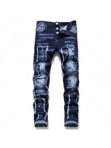 2025 Nuevos Pantalones de Mezclilla Desgastados con Múltiples Parches para Hombres Moda Streetwear Estilo Hip Hop Jeans Rotos para Atuendo Casual Lavado Vintage Ajuste Cómodo Estilo Urbano Pantalones Holgados - Azul Marino - Ver 7