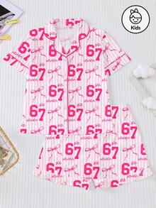 两件套粉色条纹“Six Seven 67”主题少女睡衣，包括短袖翻领上衣和荷叶边松紧腰短裤，休闲睡衣套装，适合女孩、学龄儿童、派对和节日穿着，可机洗。 - 粉色 - 查看 1