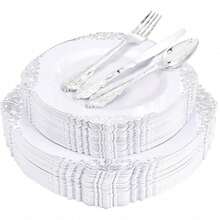150PCS Clear Silver Plastic Plates & Disposable Silver Plastic Silverware With Glitter Bamboo Handle Cutlery-Baroque Clear Disposable Plates For Wedding & Easter Day & Mother's Day-TrugenixYSN1B - 銀色 - 查看 8