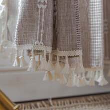 Boho Curtains 84 Inches Long Bedroom, Taupe Cotton Linen White Stripes Embroidery, Chic Hollow Geometric, Semi Blackout Window Vintage Drape With Tassels, 1 Panel W52 X L84, Fashionable Home Decor - Black - View 7