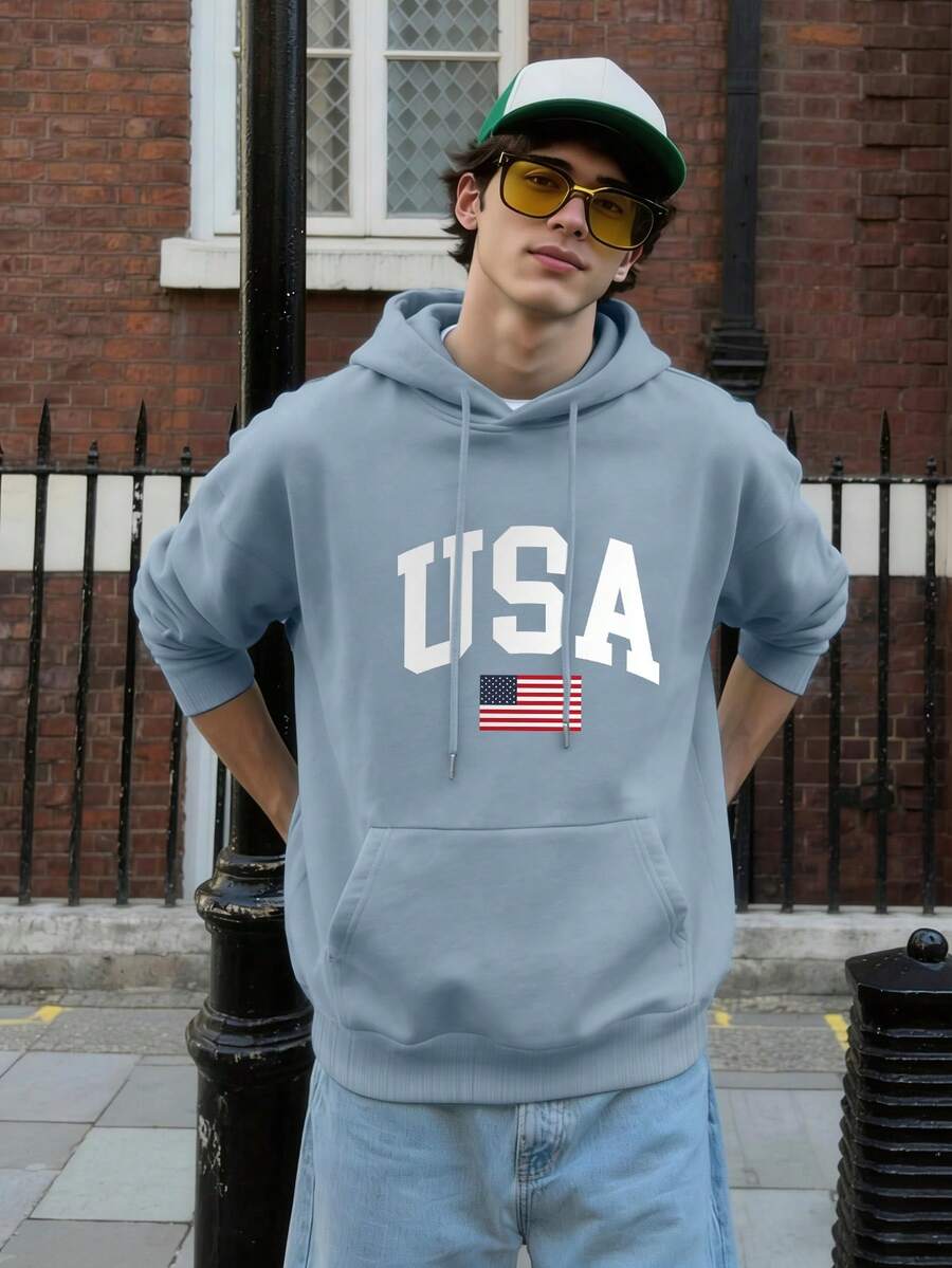 男士休闲字母及美国国旗印花袋鼠口袋抽绳连帽衫,适合日常通勤和秋冬季穿着。 - 淺藍色 - 查看 1